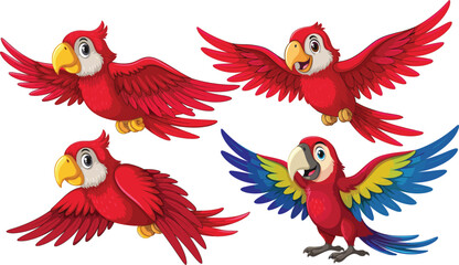 Cute cartoon flying and standing macaw parrot vector illustration set isolated on white background, happy tropical birds character collection © Sanjina