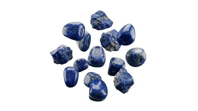 A group of polished and raw deep blue lapis lazuli gemstones, crystals, and minerals arranged in a pile, isolated on a clean white background. Excellent for jewelry design, crystal healing themes, geo