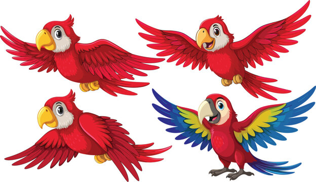 Cute cartoon flying and standing macaw parrot vector illustration set isolated on white background, happy tropical birds character collection