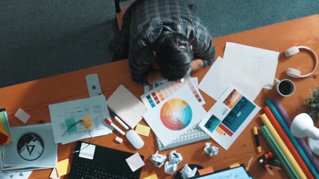 Professional stressful interior designer working on palette colors at meeting table with laptop and paper. Top view of skilled business man run out of idea while sleeping at meeting table. Symposium.