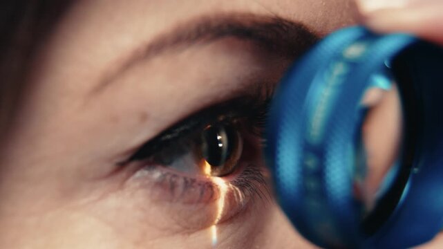 Detailed eye close-up of a young woman during ophthalmology examination. Concept vision assessment, medical technology and eye care.
