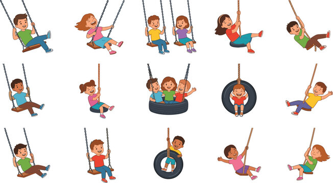 Happy cartoon kids playing on playground swings vector illustration set, children fun icon collection