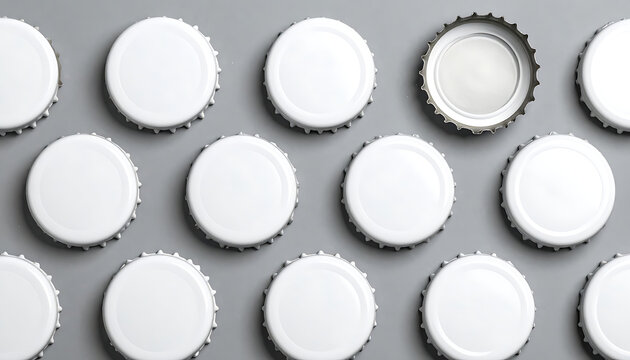 Flat lay of white metal crown bottle caps arranged in a pattern with one flipped over