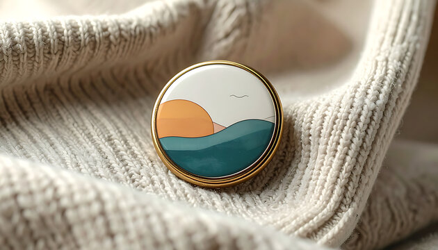 Enamel lapel pin with abstract sunset landscape resting on soft cream knitted textile
