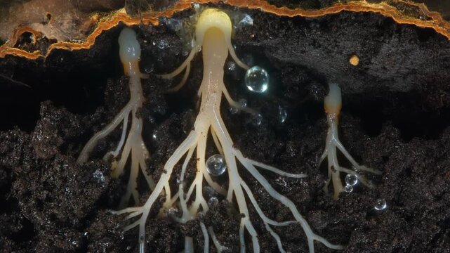 Detailed 3D Rendering of Root System Absorbing Water and Nutrients During Photosynthesis Process in Dark Underground Soil Environment with Reflecti...
