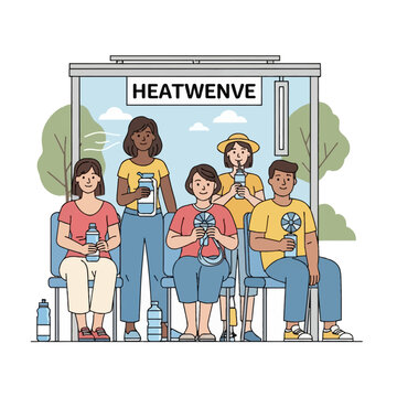 Flat vector illustration of diverse men and women staying hydrated and cool at a public shelter during a heatwave, holding water bottles and portable fans at an outdoor waiting area.