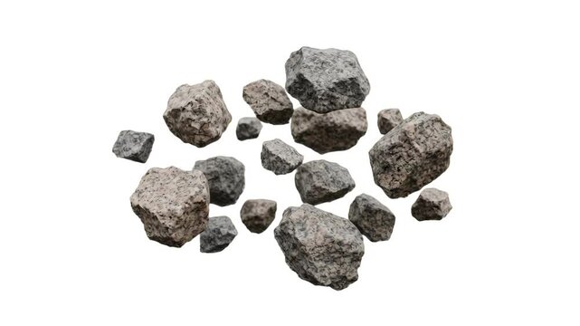 A clean 3D composition of gray granite rock chunks and natural stone boulders floating through the air, isolated on a plain white background. Ideal for building materials marketing, geological study v
