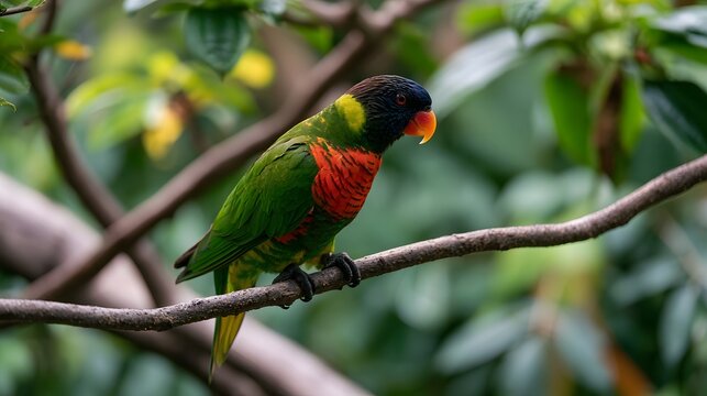 A vibrant exotic parrot is gracefully perched on a branch showcasing intricate patterns and rich colors in a dynamic outdoor setting
