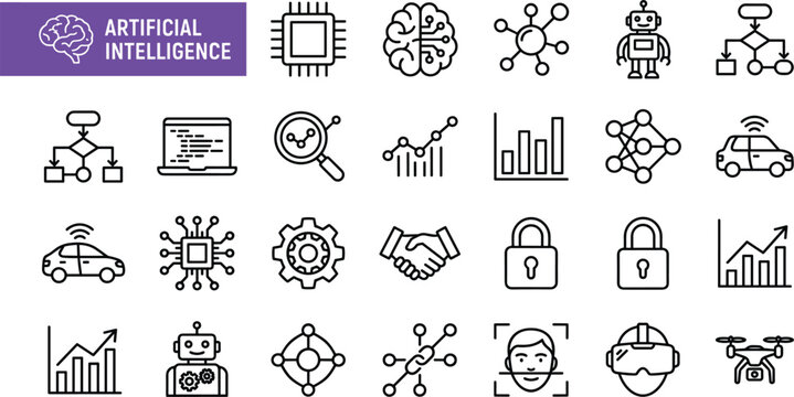 Artificial intelligence linear outline icons set for robot automation machine learning code programming autonomous vehicle and data analytics
