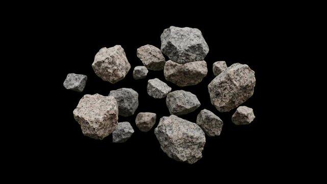 A dynamic 3D rendering of heavy granite stones, gray rock boulders, and coarse gravel ore floating and falling in mid-air, set against a dark black backdrop. Excellent for construction, mining, geolog