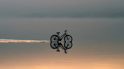 Obraz premium A bicycle silently glides across the calm surface of a serene lake creating a beautiful reflection