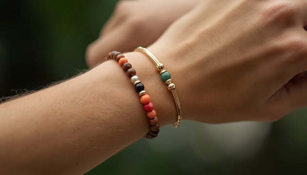 Two wrists wearing colorful beaded bracelets and a gold bangle reflect a connection in this close up shot captured with soft natural outdoor lighting