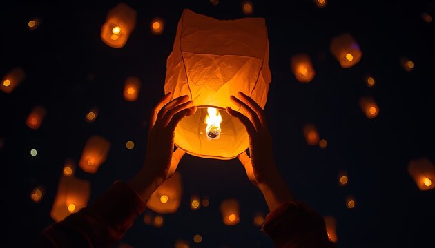 Hands release a glowing paper lantern into the dark night sky during a festival symbolizing hope dreams and spiritual celebration with bokeh lights