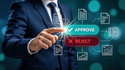 Fototapeta premium Businessman hand pressing a glowing approve button on a virtual interface with reject option and document icons, symbolizing decision making, authorization