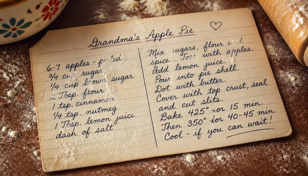 Vintage handwritten apple pie recipe card on a flour dusted wooden kitchen countertop with a rolling pin and mixing bowl in a warm home cooking setting