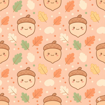 seamless pattern of chubby cartoon acorns with rosy cheeks