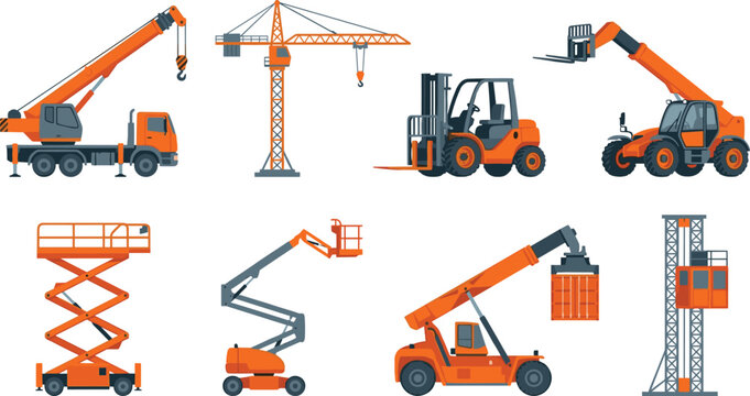 Set of orange heavy lifting equipment and construction machinery icons isolated on white background for industrial logistics design