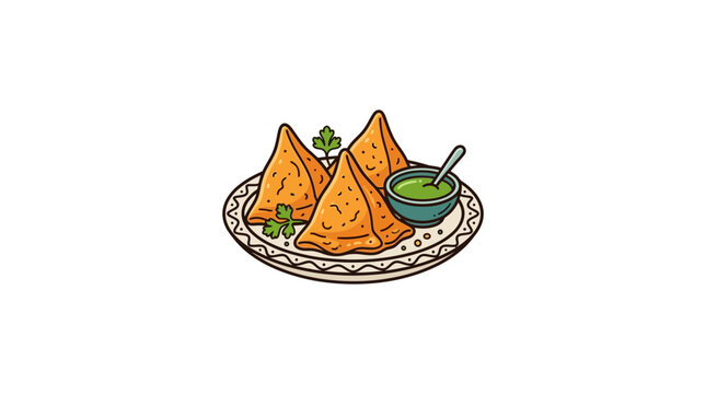 Samosas with Green Chutney on Plate - Indian Appetizer Illustration