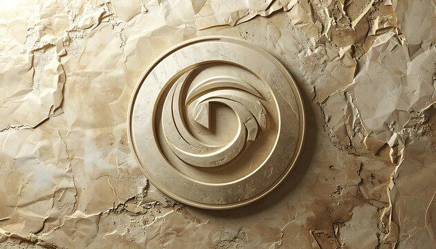Golden coin symbol featuring circular geometric pattern on textured marble background