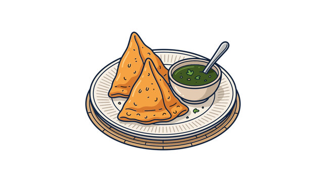 Samosas with Mint Chutney on a Plate, Indian Appetizer Illustration