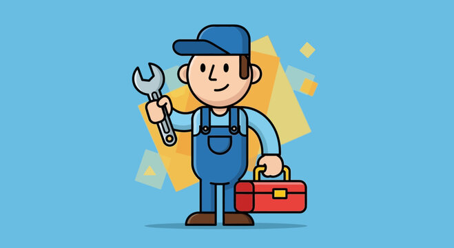 Cartoon Mechanic Holding Wrench and Toolbox, Ready for Repair Work