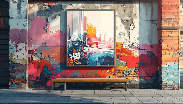 Framed pixel art display on weathered urban brick wall with vibrant street graffiti, city atmosphere, outdoor public gallery mockup