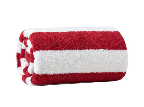 Rolled Beach Towel with Red and White Stripes, Thick Plush Cotton Terry Cloth Fabric Isolated on Black Background for Summer Vacation and Pool Side Resort Marketing