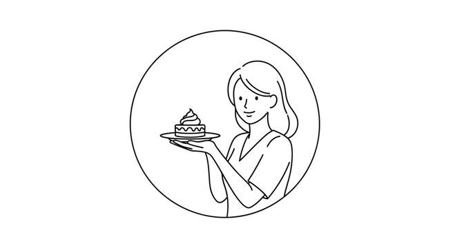 Woman holding a small cake with frosting in a circle, line art illustration
