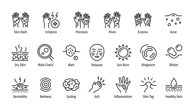 Thin line icon set of various skin conditions including acne, psoriasis, hives and dermatitis on white background, illustrating dermatology healthcare services and medical education tools