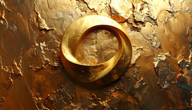 Golden mobius strip symbol on textured metallic background, representing infinity, eternal cycle, continuous flow, luxury design element