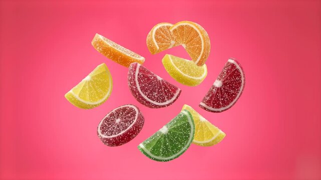 Vibrant fruit jelly slices shaped like oranges, lemons, limes, and grapefruits float and rotate dynamically against a bright magenta pink backdrop. Perfect for candy shop commercials, confectionery pr
