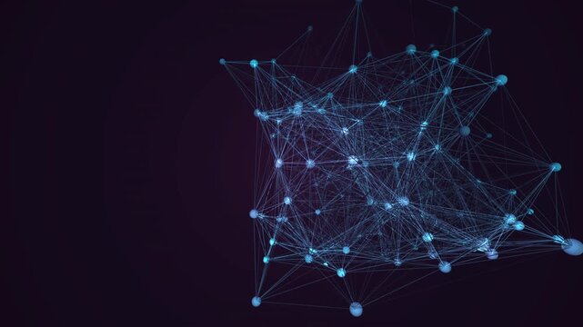 Mesmerizing 4K UHD loop of a glowing neon neural network of dual sphere nodes firing and connecting in a seamless plexus drifting in hypnotic slow motion. Ideal for social media, data visualization.