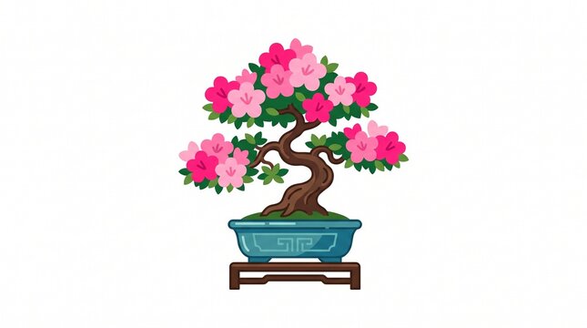 Cartoon azalea bonsai with curved trunk, pink and magenta flowers, green leaves in a teal patterned pot on a brown stand, flat vector on white.