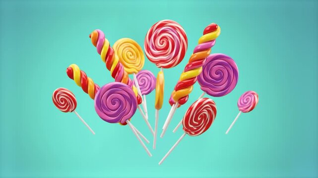 A vibrant bouquet of assorted spiral lollipops and twisted candy sticks floating in a playful, dynamic arrangement against a solid turquoise backdrop. This cheerful 3D confectionery illustration is de