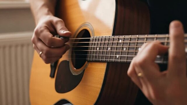 A close up view of a person playing a wooden acoustic guitar