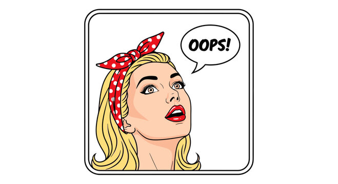 Retro Woman with Red Polka Dot Headband Says Oops in Comic Style