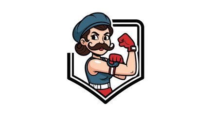 Fototapeta premium Strong Woman Boxer with Mustache and Beret, Emblem Badge