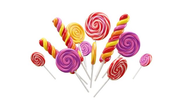 An assortment of bright spiral lollipops and sugar sticks hovering together in a clean composition over a white background. This cheerful 3D confectionery illustration is perfect for seasonal holiday 