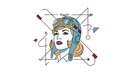 Fototapeta premium Retro Aviator Woman Portrait with Geometric Elements, Vintage Style
