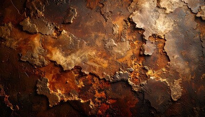 Fototapeta premium An abstract close-up depicts a textured surface with shades of brown, gold, and rust, suggesting aged metal or a geological formation.
