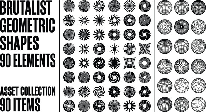 Brutalist geometric shapes vector asset collection with abstract wireframe spheres starbursts and distressed circular icons set