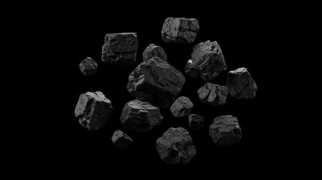 A dramatic 3D render of black coal chunks and rough mineral ore pieces falling against a dark black backdrop. Perfect for fossil fuel energy visuals, industrial mining presentations, metallurgy graphi
