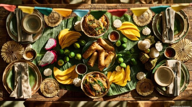 Colorful tropical feast spread on a rustic wooden table with fresh fruits and traditional dishes
