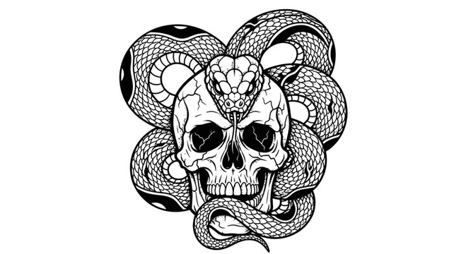 Black and White Illustration of a Skull Wrapped by a Serpent