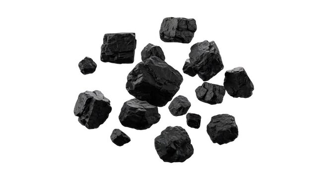 A collection of 3D black coal lumps and mineral ore pieces levitating, isolated on a white background. Ideal for energy industry videos, mining presentations, heating system ads, and environmental exp