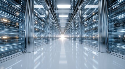 Fototapeta premium Futuristic illuminated corridor with reflective floor and glowing digital data streams