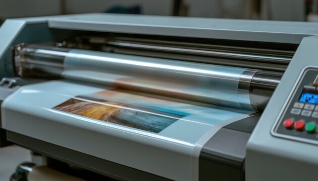Commercial lamination machine processing a printed document in a workshop setting