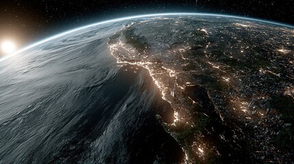 Fototapeta premium Global Overview of Earth at Night, Illuminating Continents with City Lights, Visible Horizon and Sunrise