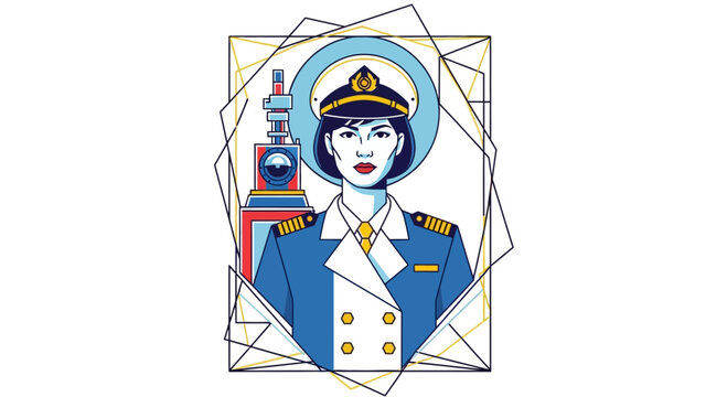 Female Ship Captain in Uniform with Ship and Geometric Frame