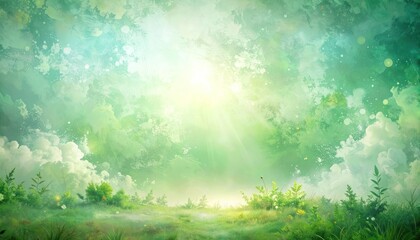 Fototapeta premium An ethereal landscape painting of a misty meadow bathed in soft, radiant sunlight, with lush green foliage and wispy clouds.